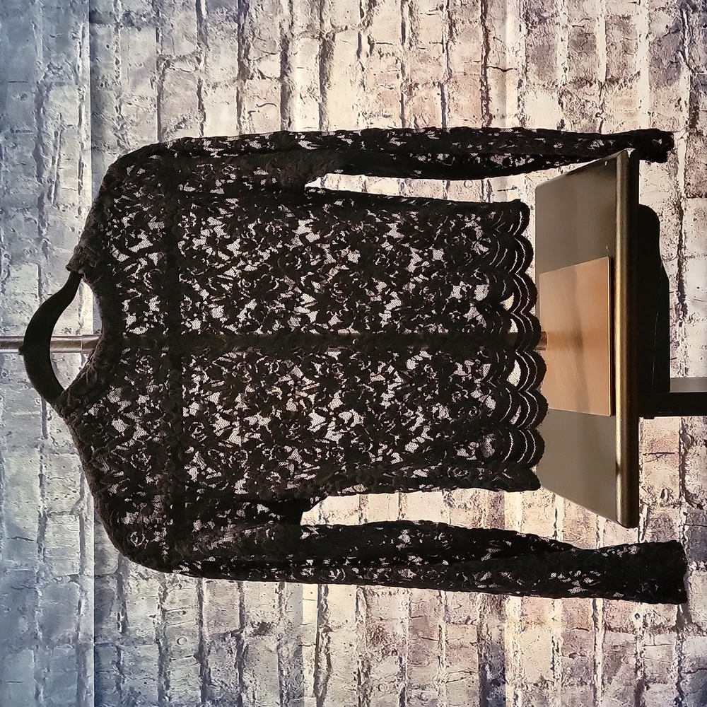 Sheer black lace top featuring long sleeves, a mock neck